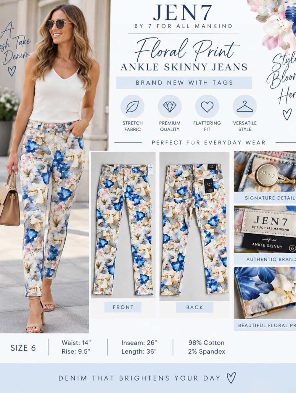 NWT! Jenn7 Floral Print Ankle Skinny Jeans Size 6